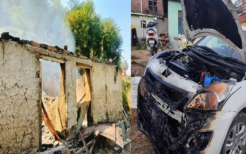 सूखी घास में आग लगने से मचा हड़कंप, चपेट में आई कार व गौशाला