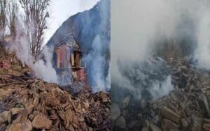 Three-storey slated house caught fire, 30 sheep and goats locked in the lower floor...