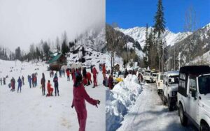 Crowd of tourists in Solanganala, long lines of vehicles