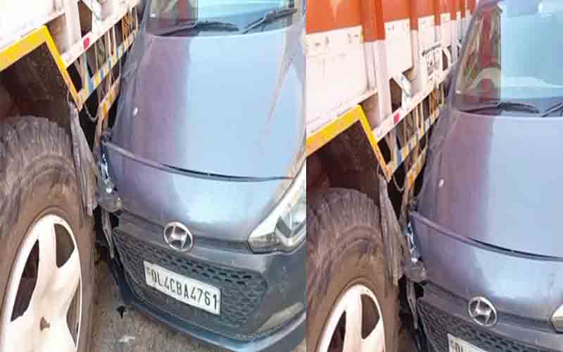 ट्रक और कार के बीच हुई टक्कर, बाल-बाल बची कार सवार युवकों की जान