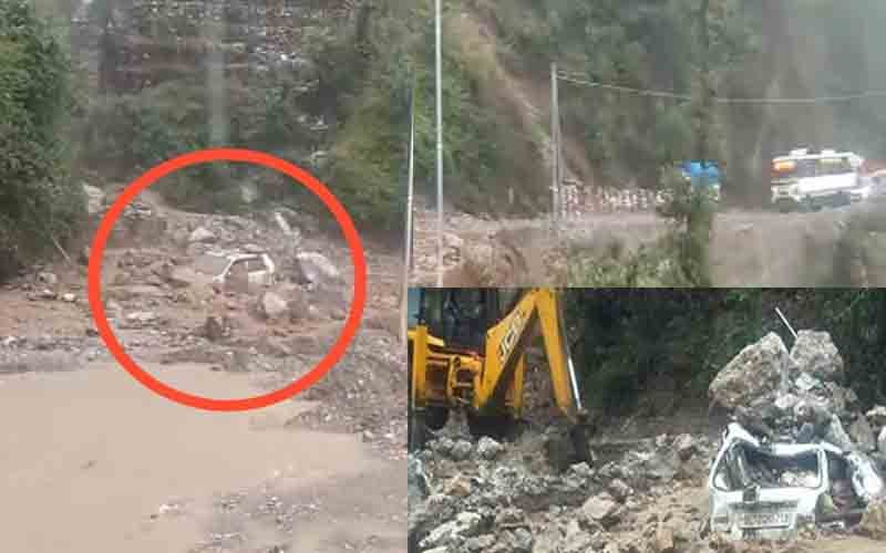 श्री रेणुका जी-संगड़ाह मार्ग पर हुआ लैंडस्लाइड, मलबे की चपेट में आकर क्षतिग्रस्त हुई कार