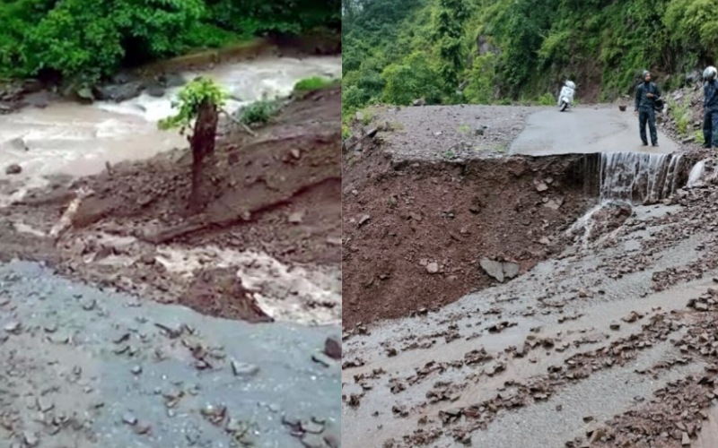 नाहन-बनोग-कौलावालाभूड़ रोड क्षतिग्रस्त, खड्ड में समा गई सड़क