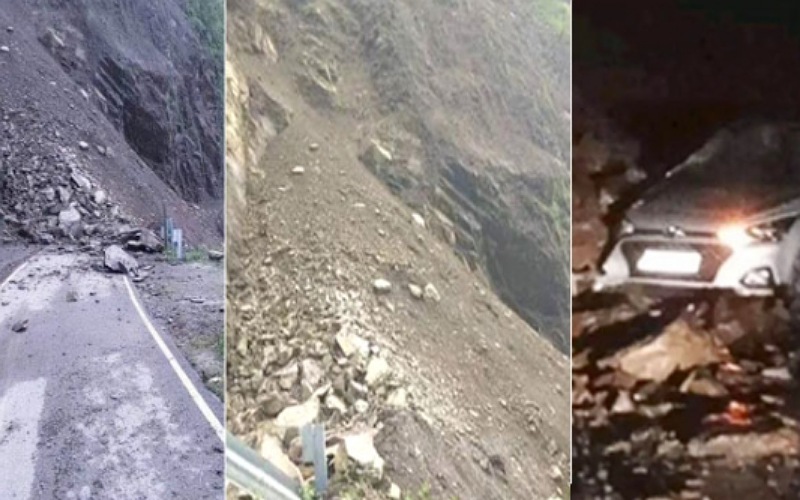 सुंदरनगर-करसोग हाईवे पर हुआ भारी भूस्खलन, मलबे की चपेट में आई कार