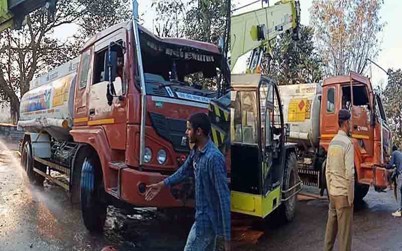 सड़क पर पलटा डीजल और पेट्रोल से भरा टैंकर, परिचालक जख्मी