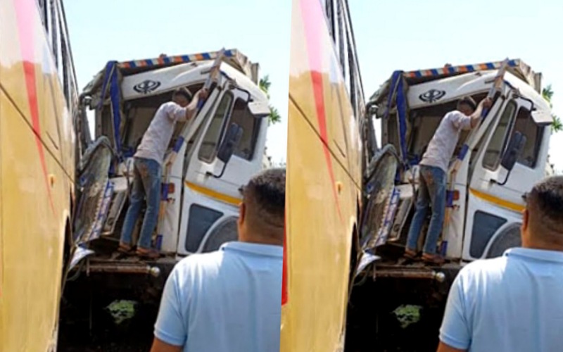 टिप्पर और निजी बस के बीच हुई जोरदार भिड़ंत, चालक की दर्दनाक मौत