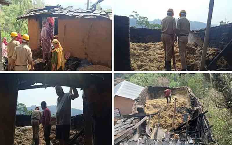 दो मंजिला गोशाला में भड़की आग, पीड़ित को हजारों का नुकसान