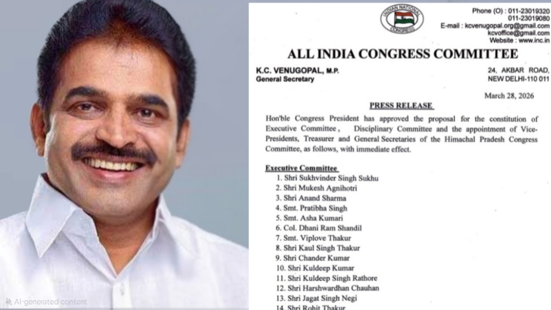 हिमाचल कांग्रेस में बड़ा संगठनात्मक फेरबदल, नई कार्यकारिणी और पदाधिकारियों की सूची जारी