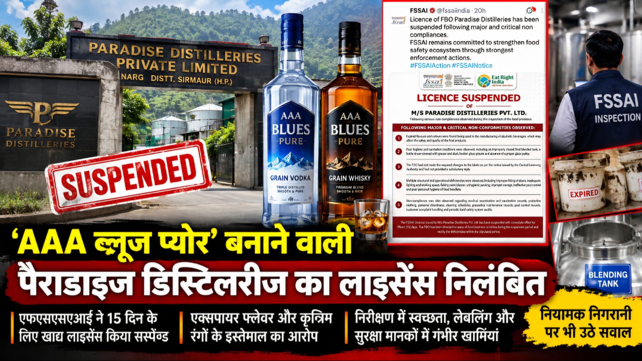 ‘एएए ब्लूज प्योर’ बनाने वाली पैराडाइज डिस्टिलरीज का खाद्य लाइसेंस निलंबित