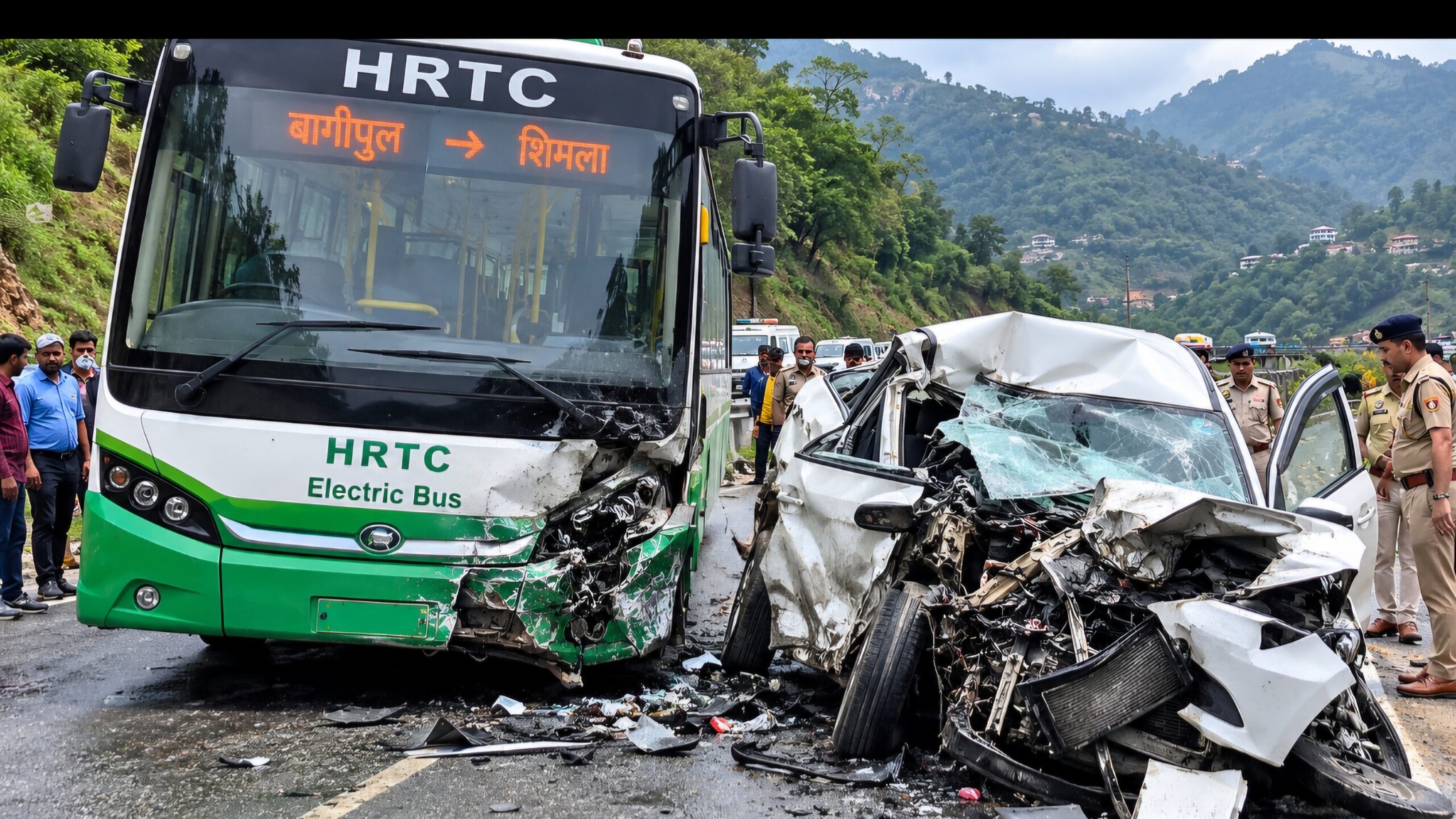 घंडल में एचआरटीसी बस और कार की भीषण टक्कर, एक ही परिवार के तीन लोगों की मौत